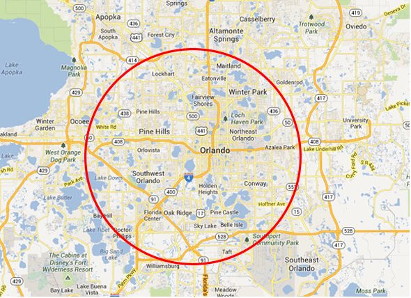 Map of the Orlando area with a circle around it