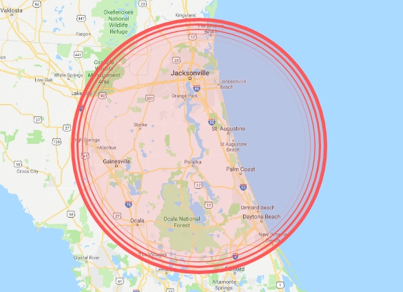 Map with a circle around jacksonville